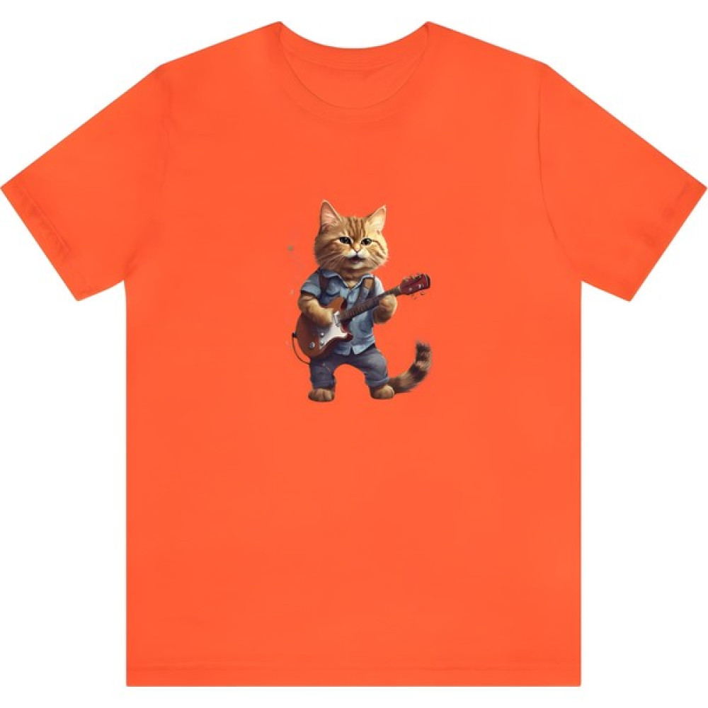 T-Shirt Cin / Gitarlı Kedi Baskılı Turuncu Renk Tişört Erkek T-shirt Fiyatı