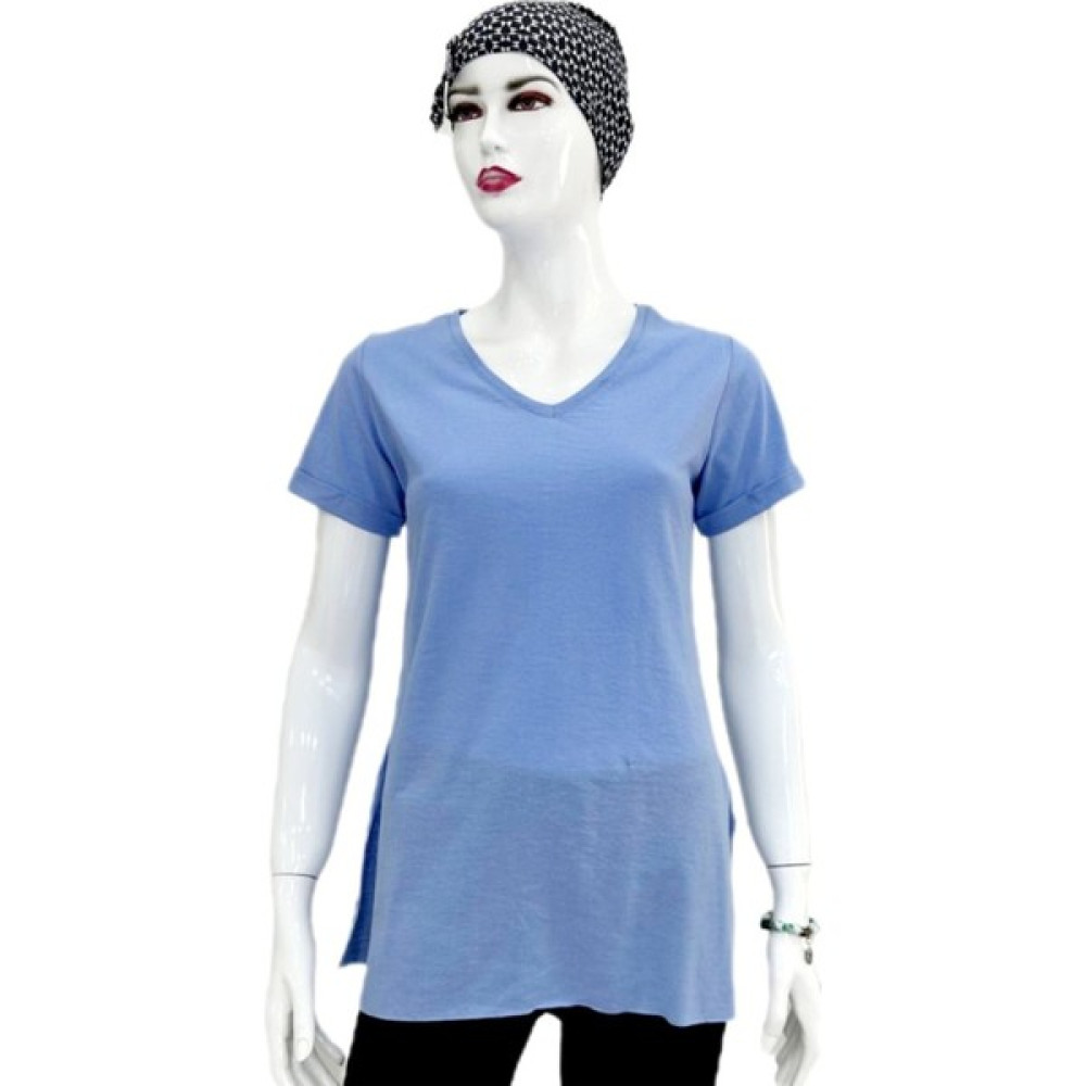 T-Shırt - Mavi Renk - Tunik - Duble Kol - V Yaka Bayan T-shirt Fiyatı