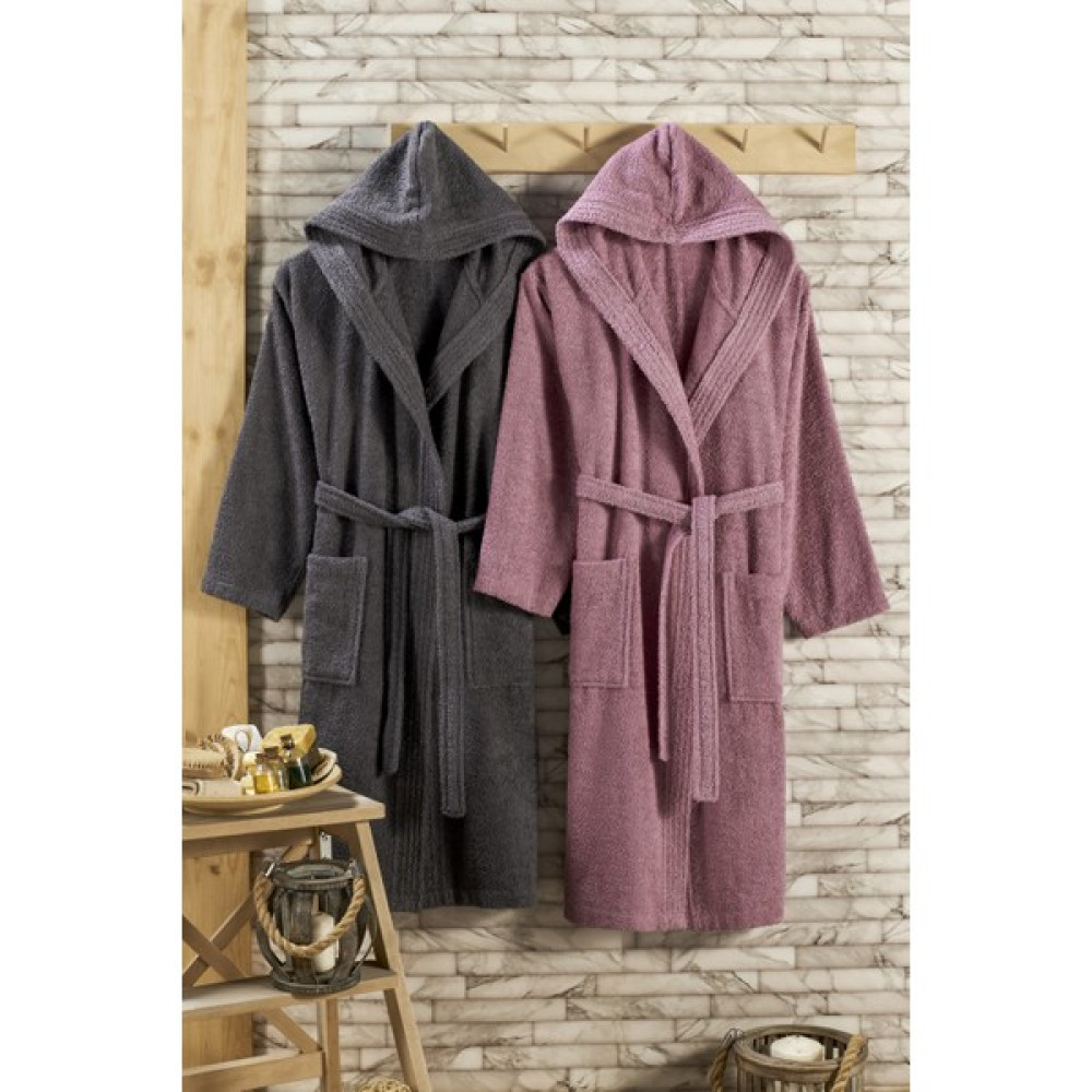 Tabea Home Kapüşonlu 2'li Bornoz Seti - L - XL - Mürdüm - Gri Bornoz Fiyatı