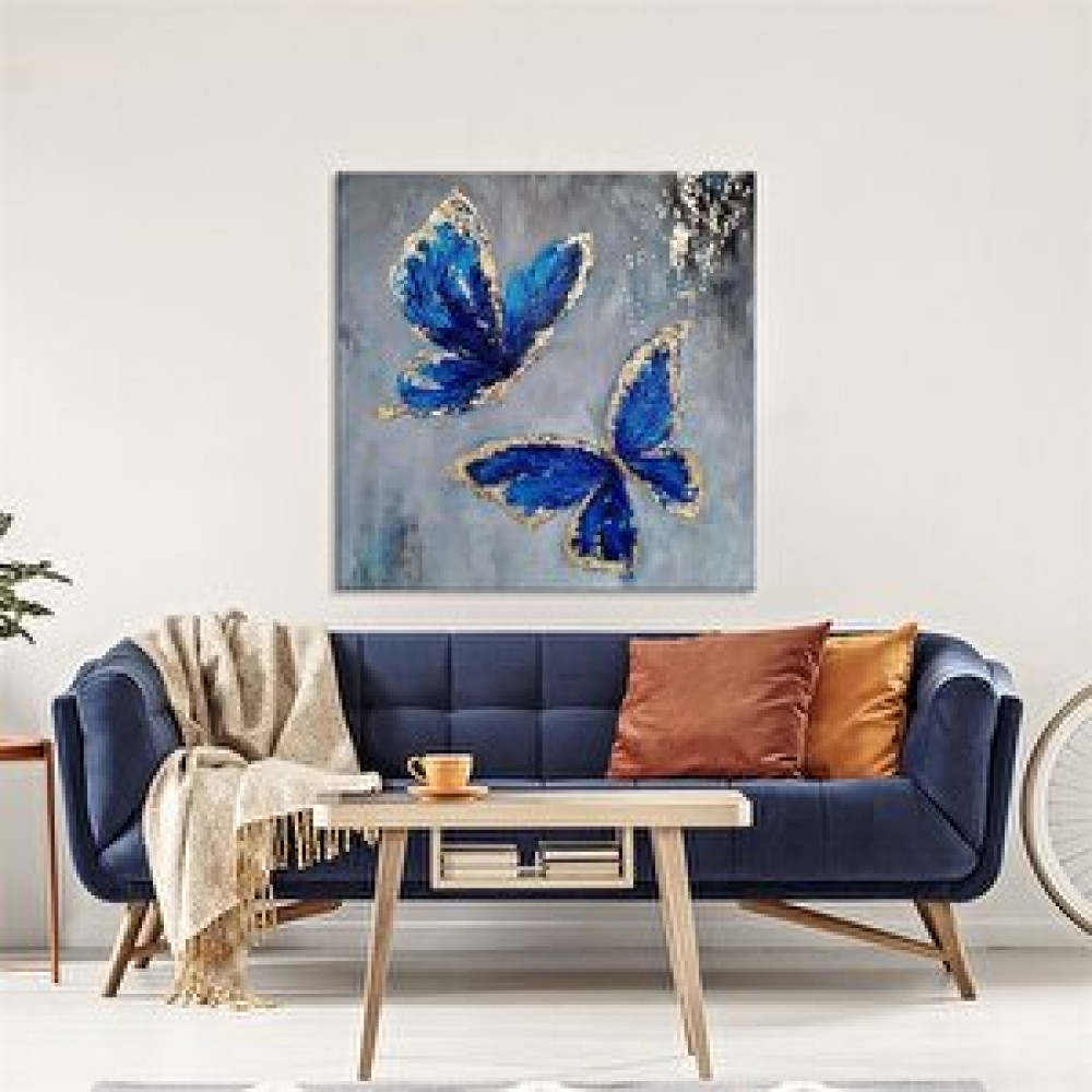 Tablo Life Mavi Kelebekler - Yağlı Boya Dokulu Tablo Çerçeve - Gold 80x80 cm Tablo & Poster Fiyatı