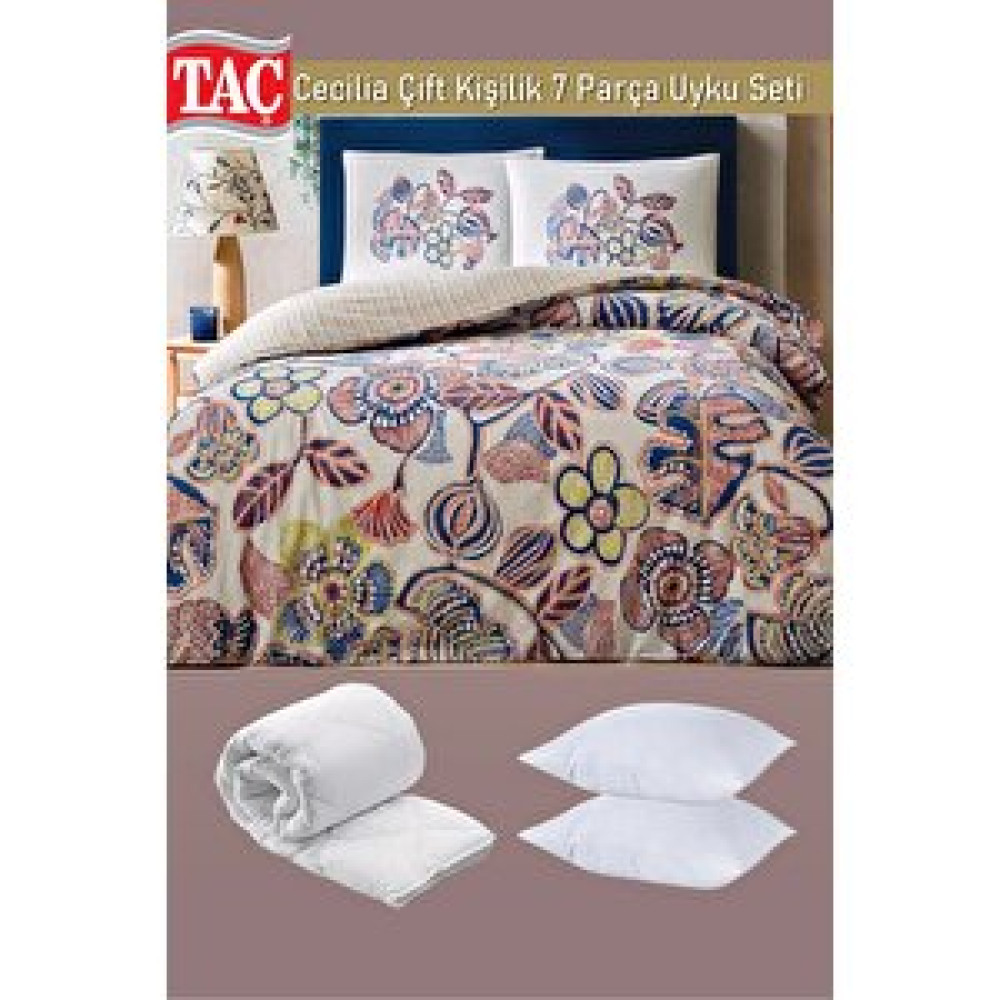 Taç Cecilia Çift Kişilik Uyku Seti Mavi - Nevresim + Yorgan + Yastık + Yastık Kılıfı 7 Parça Çeyizlik Set Yatak Seti / Uyku Seti Fiyatı
