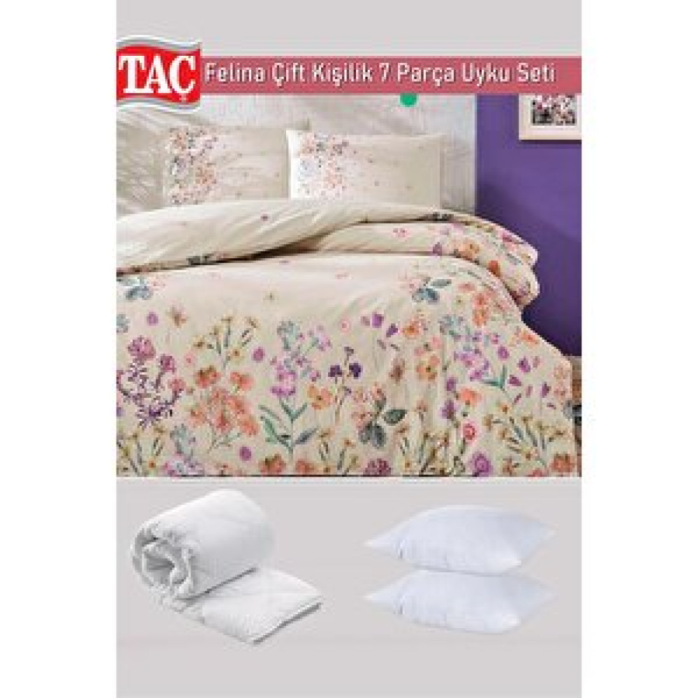 Taç Felina Çift Kişilik Uyku Seti Krem - Nevresim + Yorgan + Yastık + Yastık Kılıfı 7 Parça Çeyizlik Set Yatak Seti / Uyku Seti Fiyatı