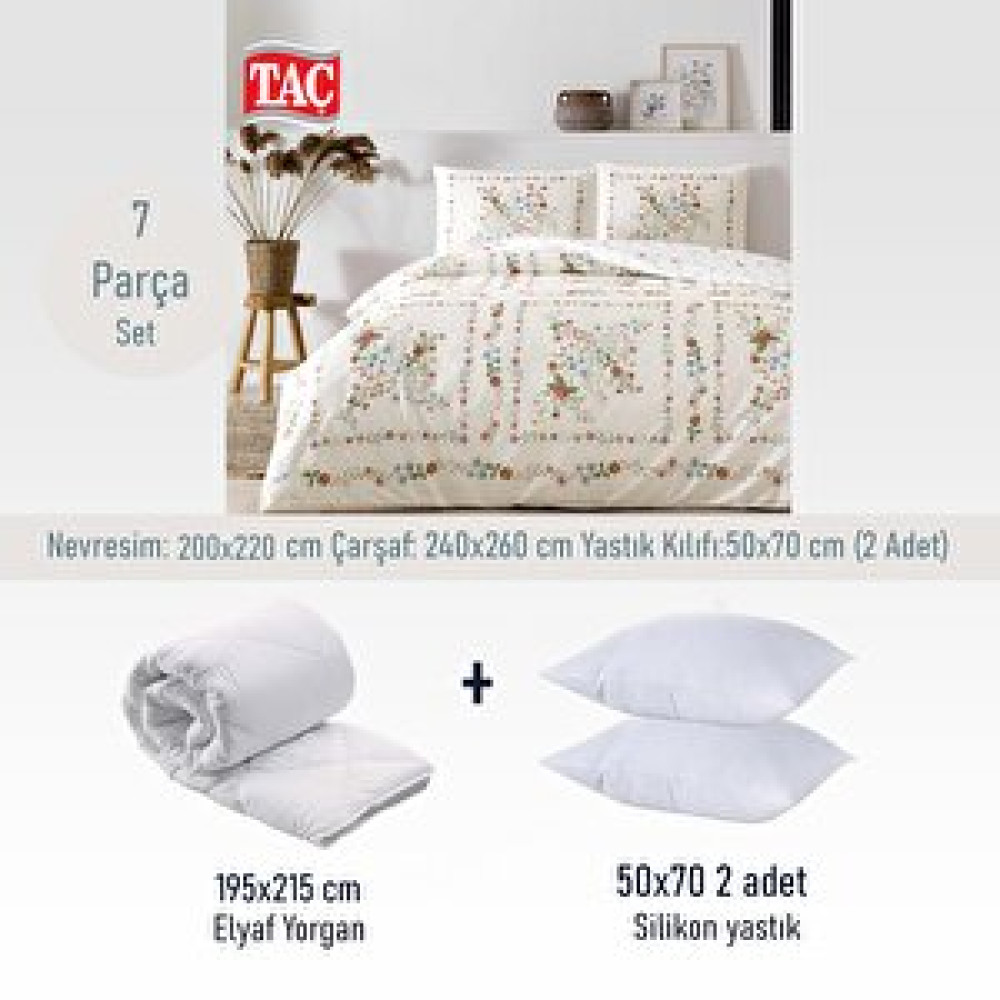 Taç Hilarie 7 Parça Set Nevresim Takımı + 195x215 Elyaf Yorgan + 50x70 Silikon Yastık Yatak Seti / Uyku Seti Fiyatı