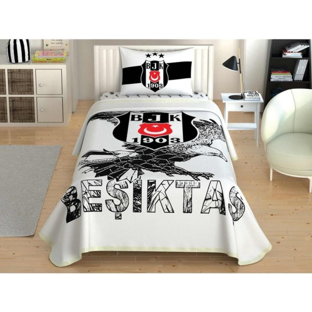 Taç Lisanslı Beşiktaş Kartal % 100 Pamuk Tek Kişilik Pike Takımı 100X200 cm Çarşaflı - Beyaz Pike & Pike Takımı Fiyatı