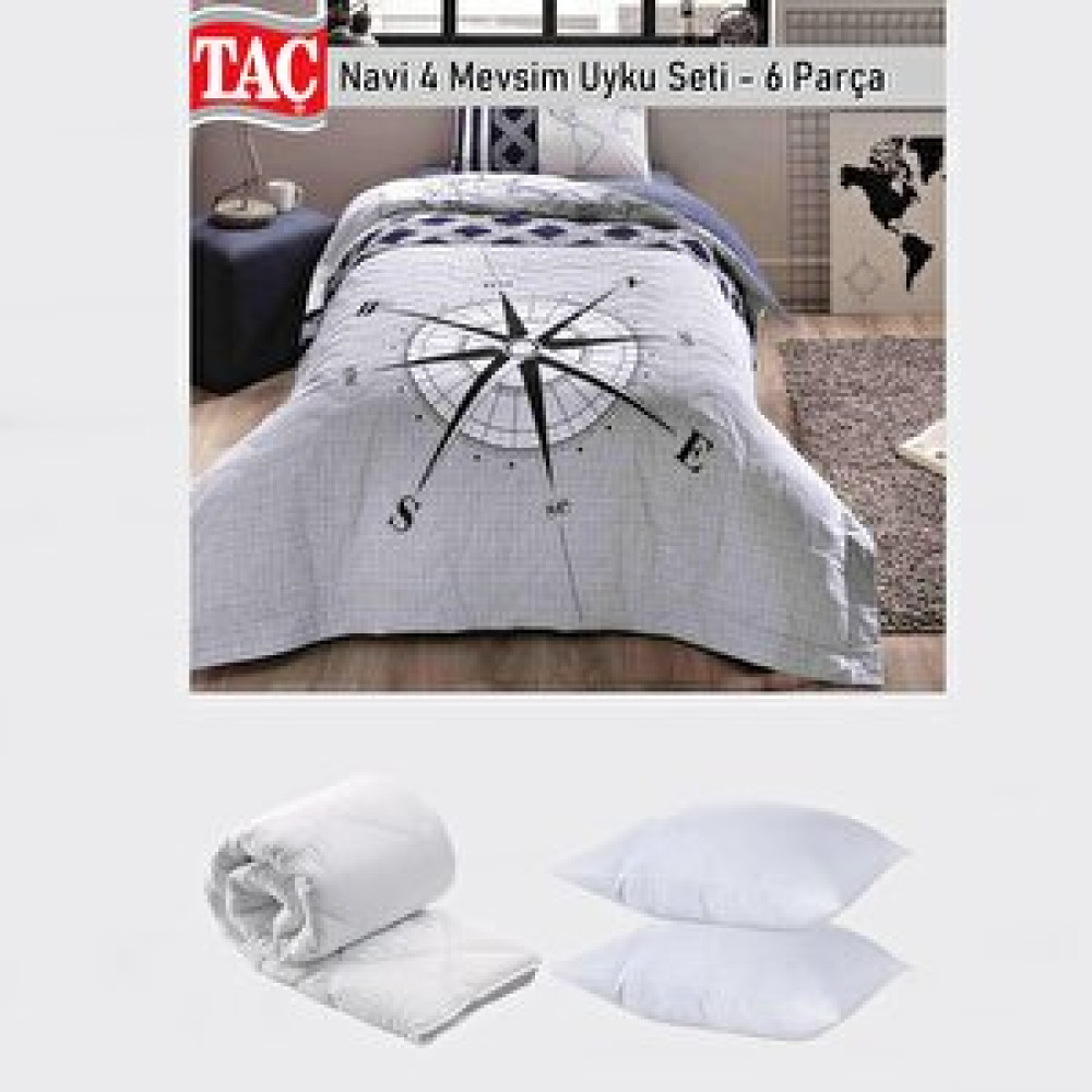 Taç Navi Lacivert Denizci Temalı 4 Mevsim Çok Amaçlı Kapitoneli Tek Kişilik Set + Yorgan + Yastık Yatak Seti / Uyku Seti Fiyatı