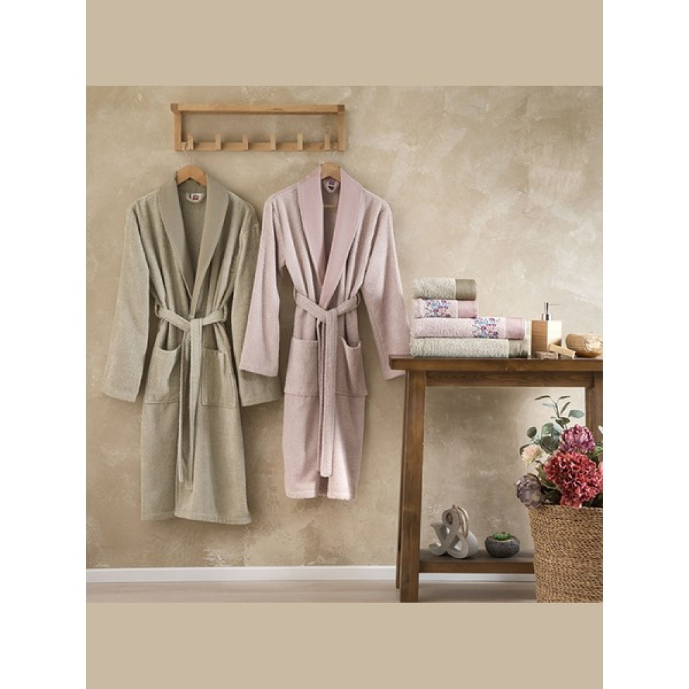 Taç Pure Cotton Aile Bornoz Seti Tiffany Pudra-Camel - Pudra - Camel - M - L Bornoz Fiyatı