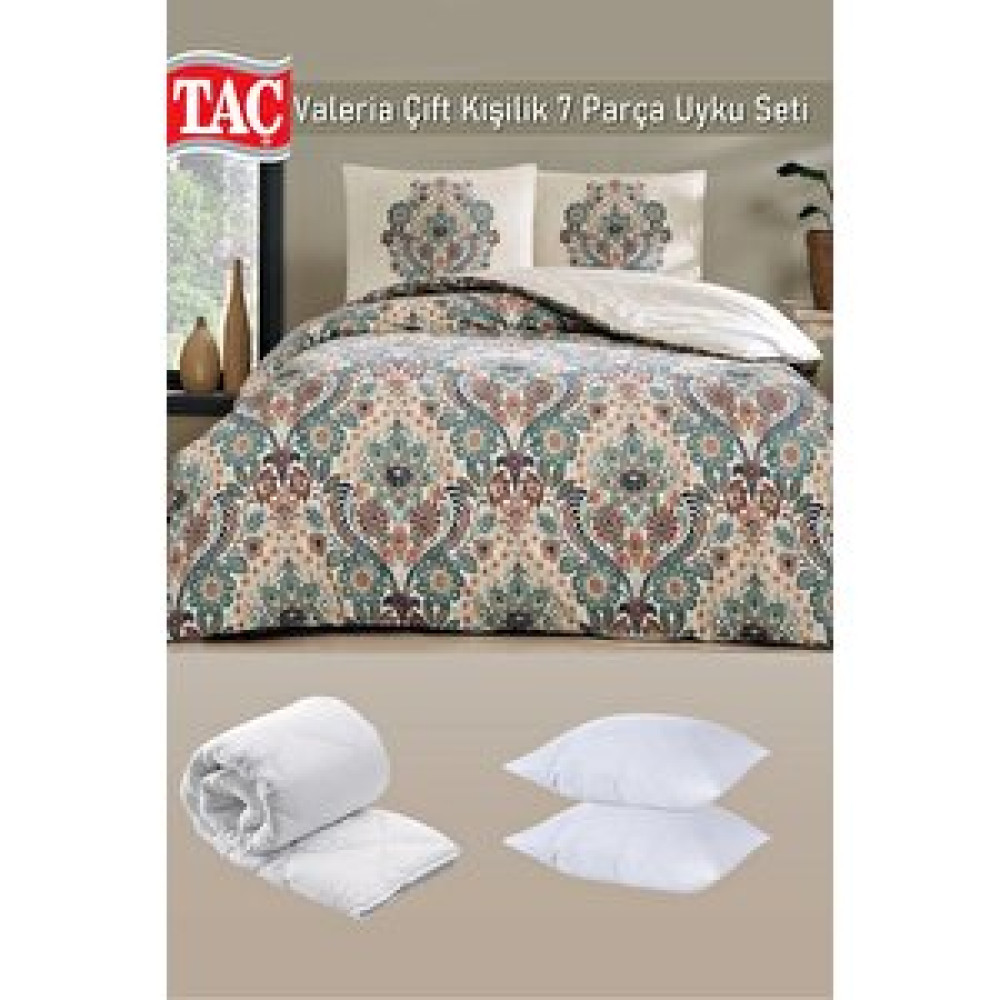 Taç Valeria Çift Kişilik Uyku Seti Yeşil - Nevresim + Yorgan + Yastık + Yastık Kılıfı 7 Parça Çeyizlik Set Yatak Seti / Uyku Seti Fiyatı