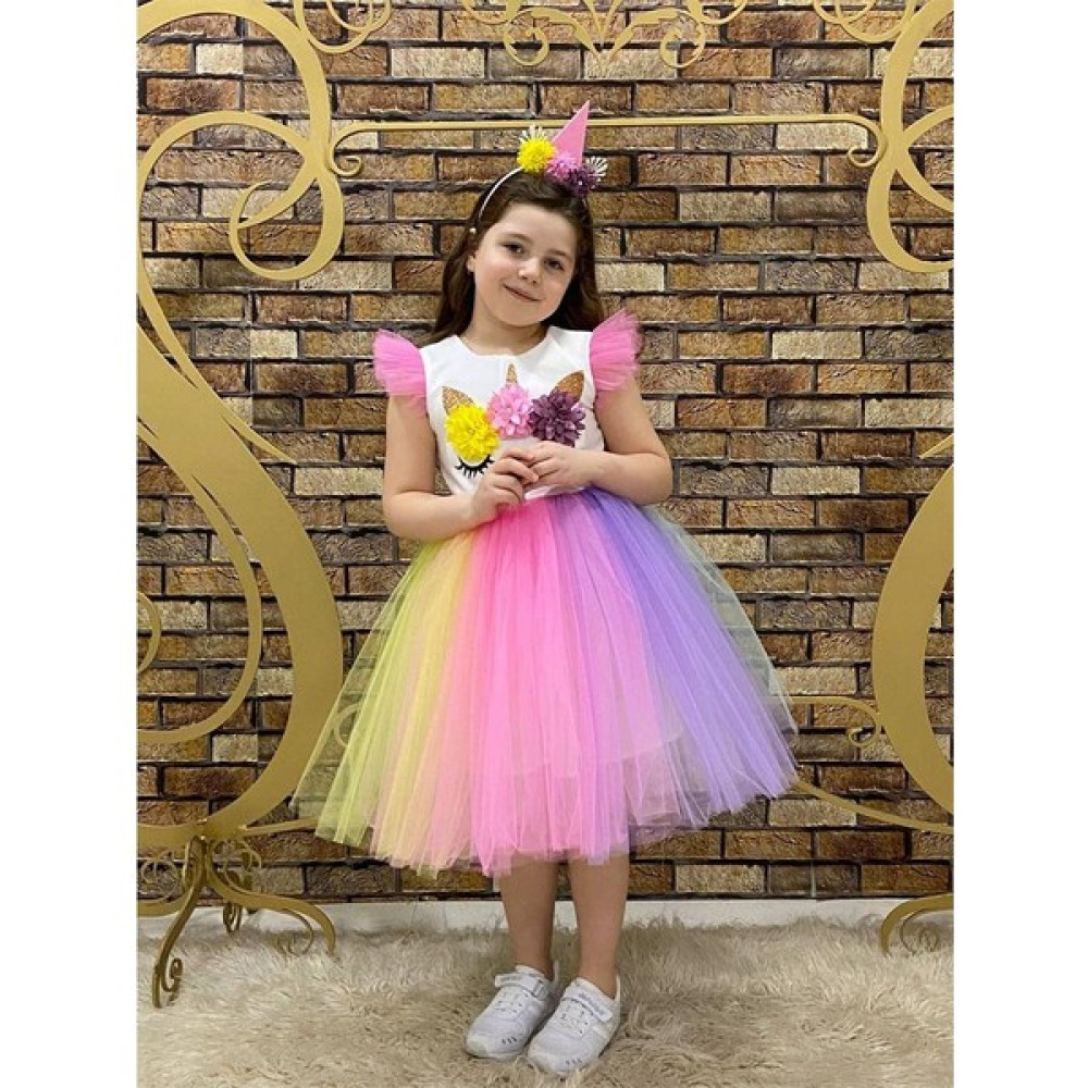 Taçlı Renkli Tüllü Unicorn Kostümü - Unicorn Kız Çocuk Elbisesi - Unicorn Kıyafeti Kız Çocuk Elbise Fiyatı