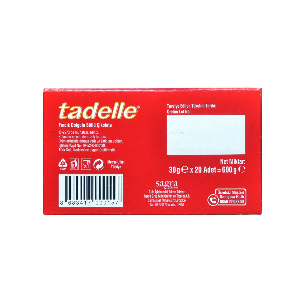 Tadelle Çikolata 30 gr 20'li Paket Fındıklı Sütlü