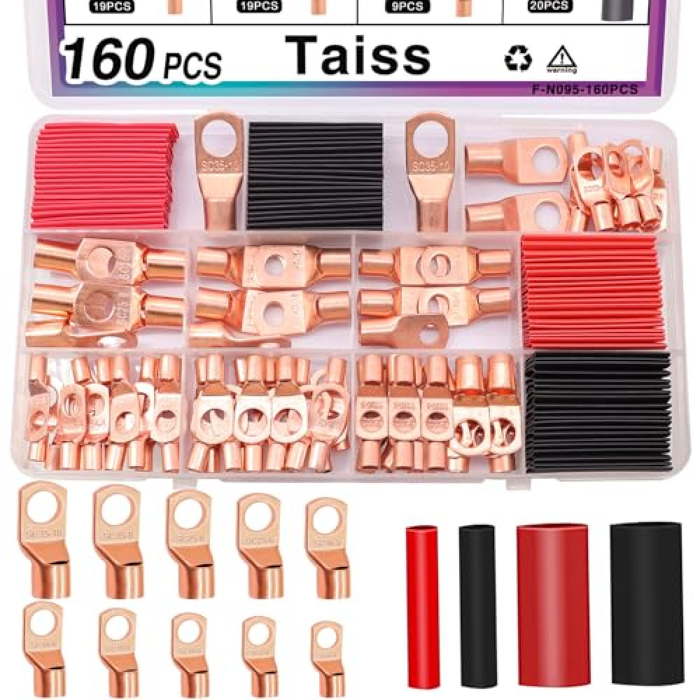 Taiss 160PCS Battery Cable Ends,Copper Wire Lugs,AWG 2/4/6/8/10/12 Gauge copper lugs assortment,Copper Ring Terminals Connectors with Heat Shrink