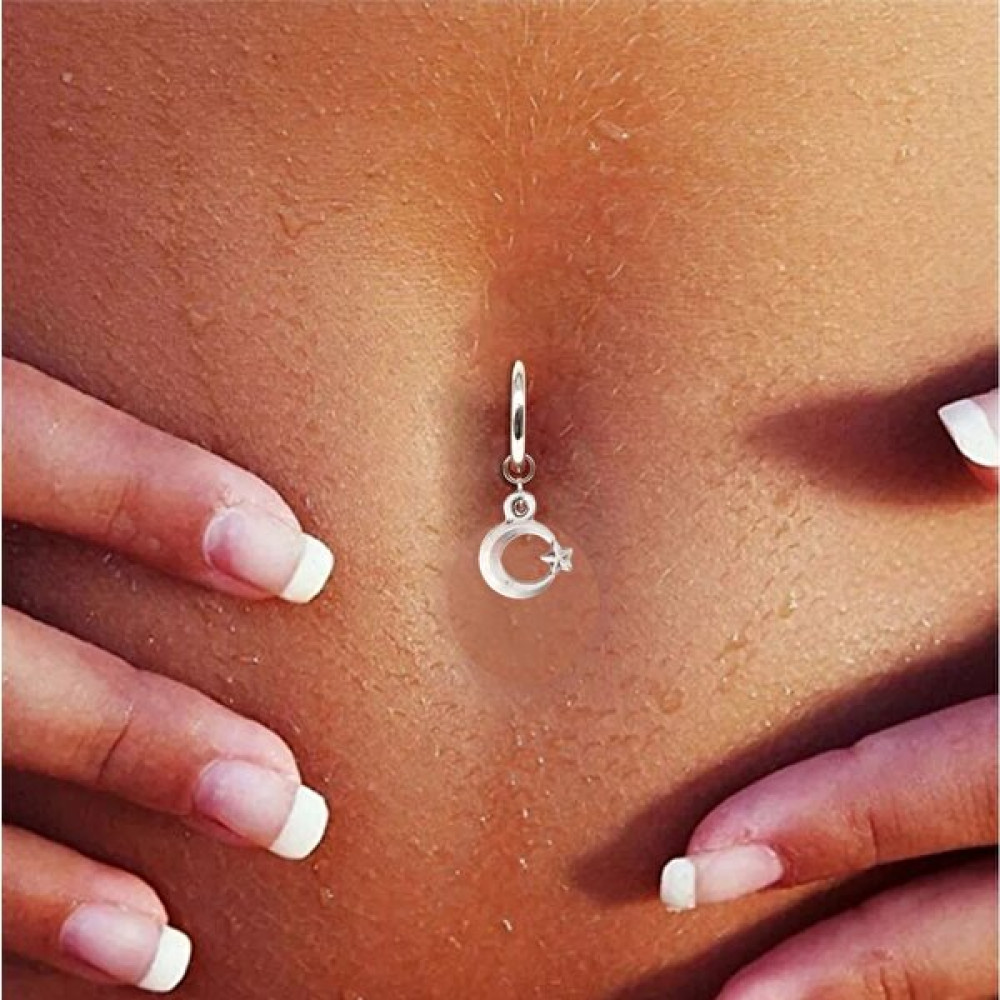 Takıconcept Deliksiz Ay Yıldız Sallantılı Fake Çelik Göbek Piercing - Gümüş Altın & Gümüş Piercing Fiyatı