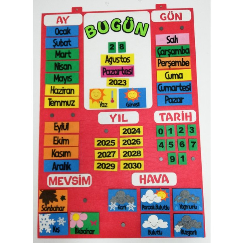 Takvim Interaktif (Keçe Eğitim Materyali) - Kırmızı - Keçe Eğitim Materyali - 70 x 100 cm Pano Fiyatı