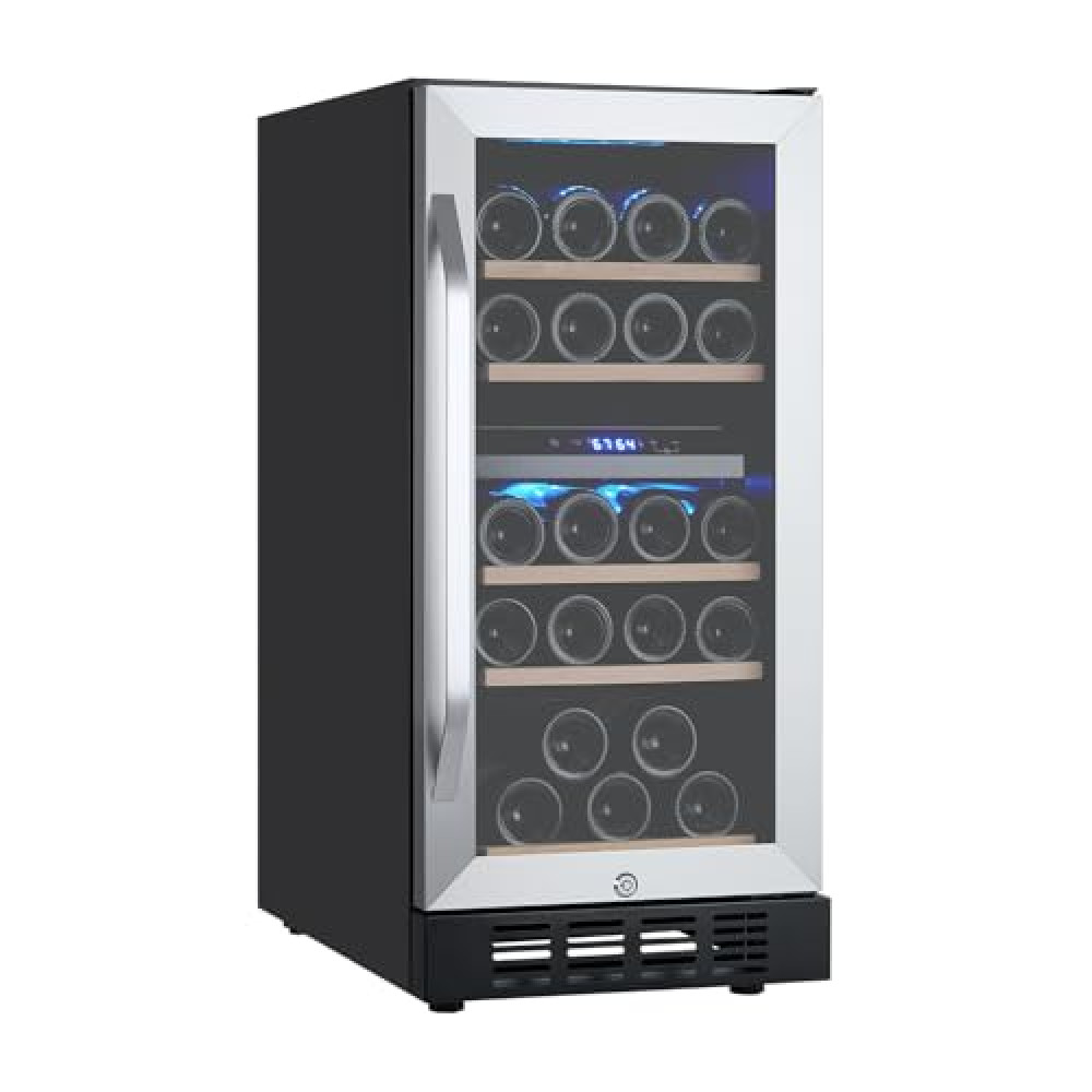 Takywep Dual Zone Wine Fridge - 28 Bottles, Compressor Cooler, 41℉-64℉ Digital LED Touch Control, Frost-Resistant Lockable Cabinet, Single Glass Door, Freestanding/Built-In, Ideal for Home, Bar