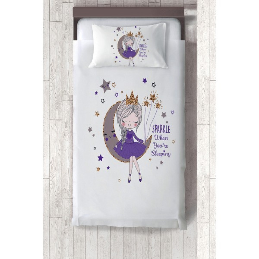 Talia Home  ay'a Oturan Kız Desenli Mor Çocuk ve Bebek Odası Yatak Örtüsü TLAY-209 - 347 x 220 cm - Beyaz Yatak Örtüsü Fiyatı