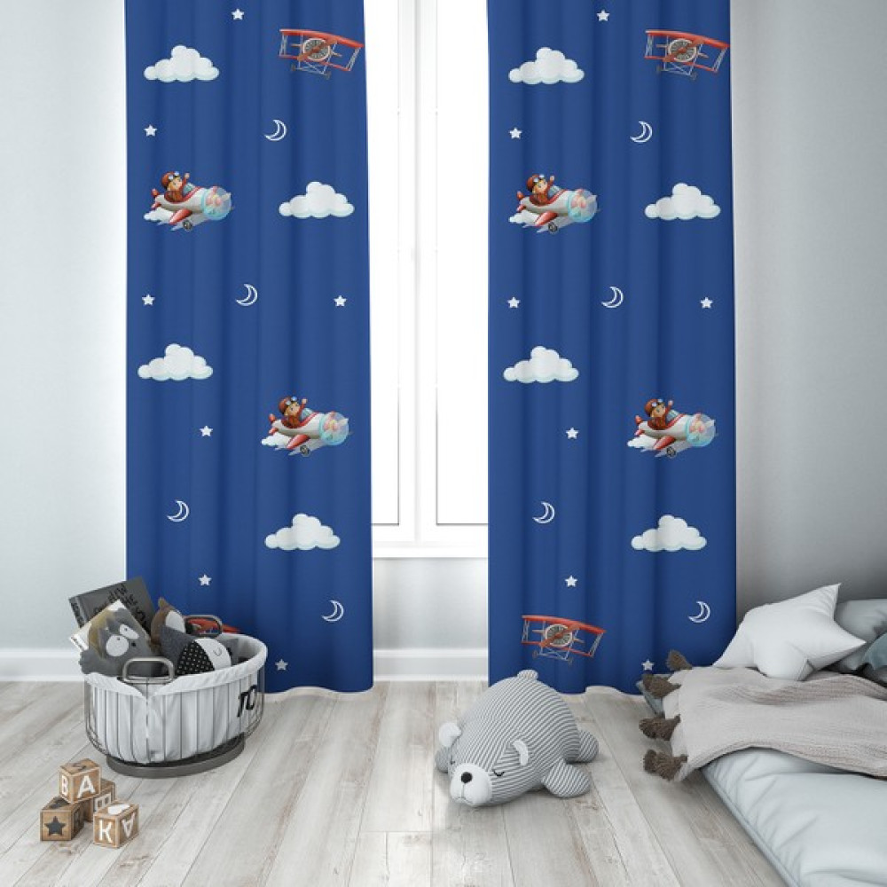 Talia Home Çocuk Odası Bebek Odası Pilot Fon Perde Modeli 2 Kanat TLA-065 - 70 x 200 cm - Mavi Fon Perde Fiyatı