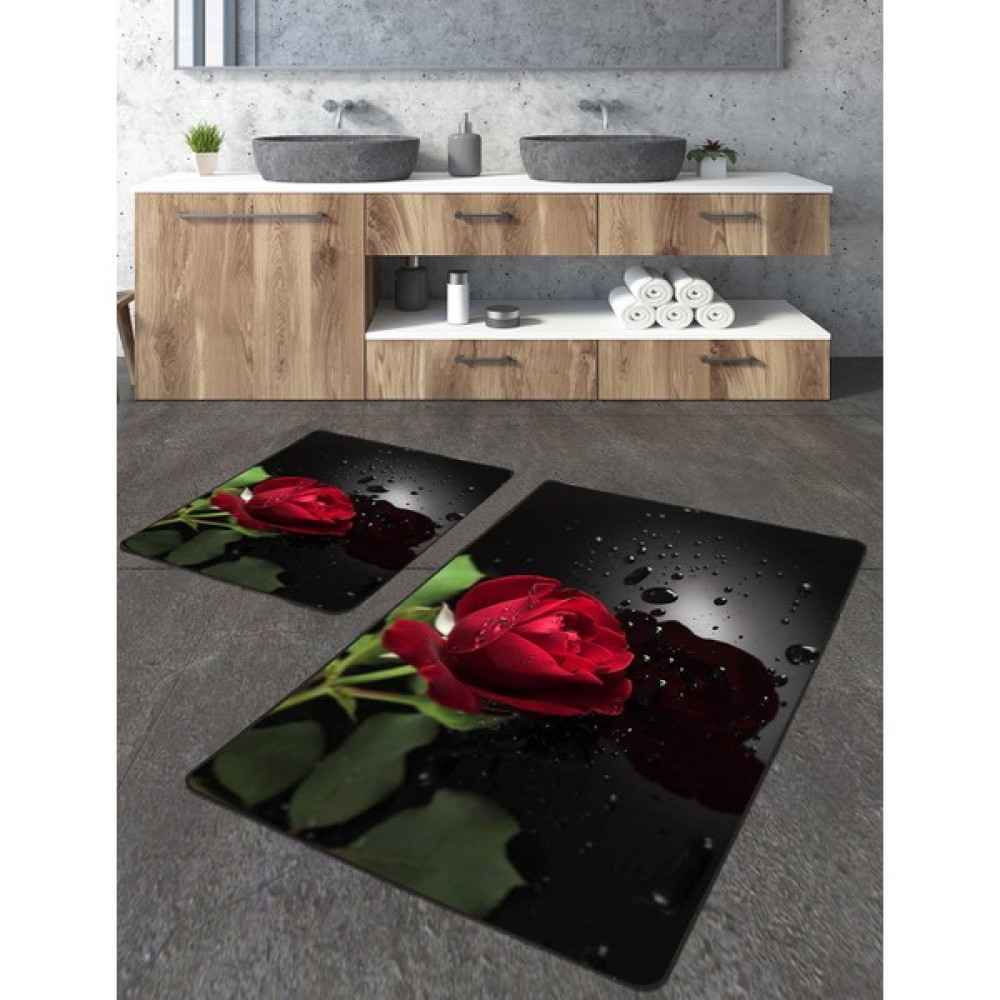 Talia Home Kırmızı Gül Desenli 2'li Banyo Paspas Seti TLAHMP-072 - Siyah Klozet Takımı Fiyatı