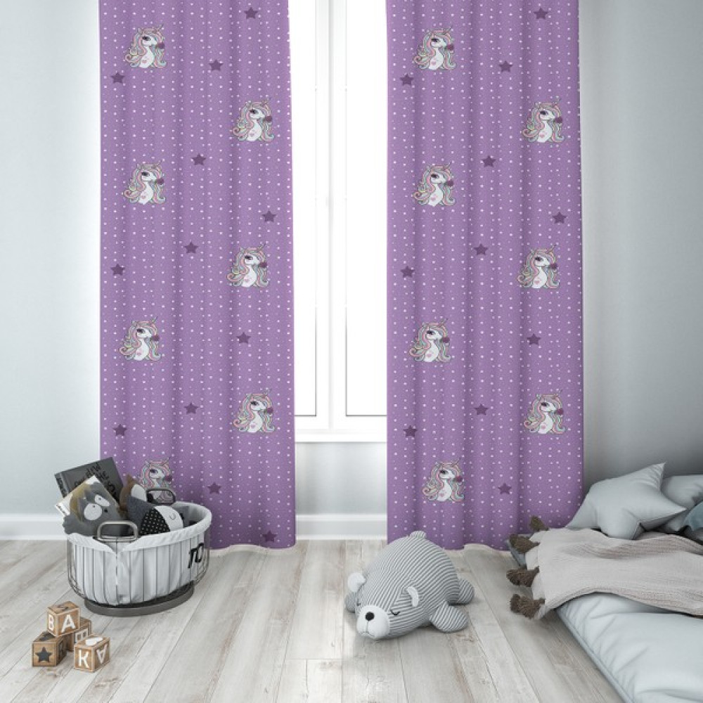 Talia Home Pegasus Desen Çocuk Odası Bebek Odası Fon Perde 2 Kanat TLA-054 - 70 x 200 cm - Mor Fon Perde Fiyatı
