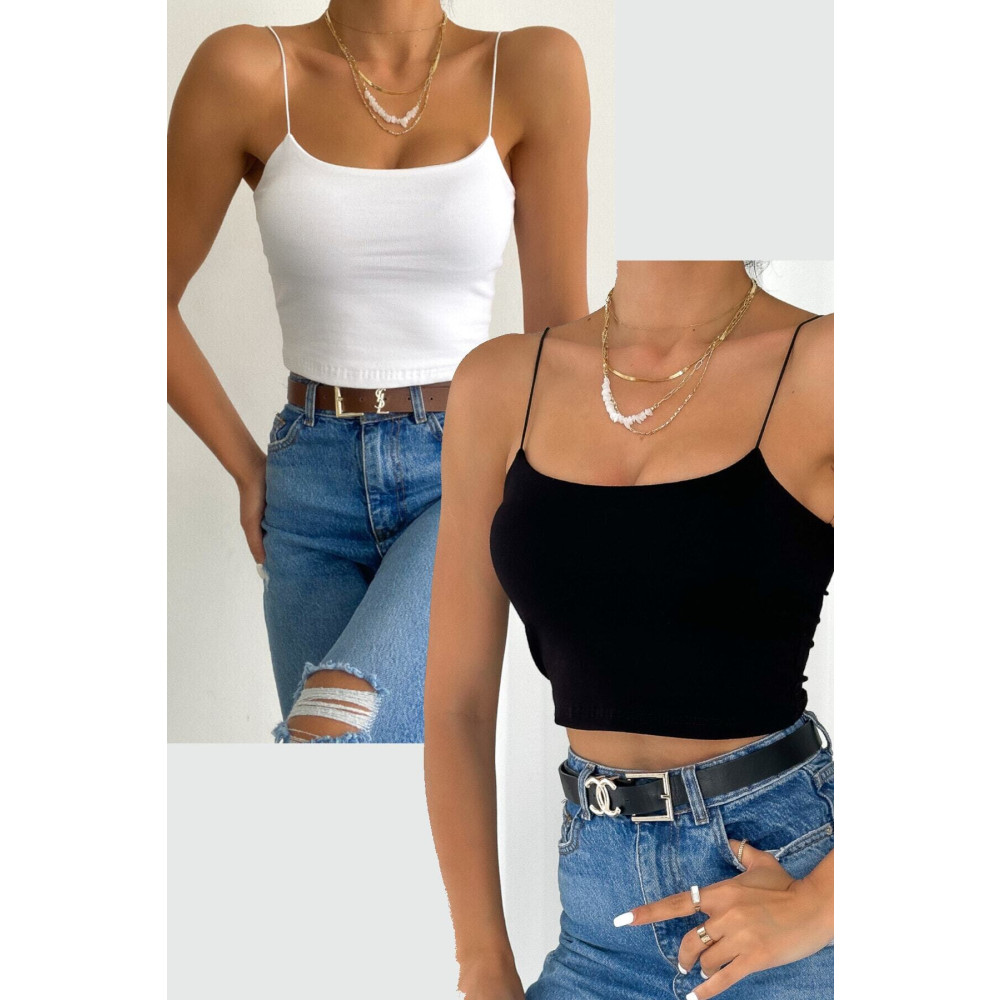Tam Moda Kadın İp Askılı Crop Bluz Beyaz & Siyah 2li Set L Beden Bluz Fiyatı