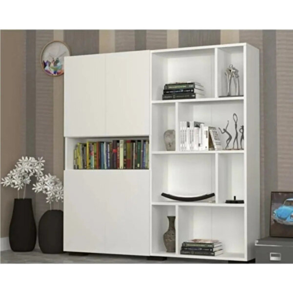 Tamamı Mdf Dev Kitaplık 4 Kapaklı Açık Raflı - Beyaz - Beyaz Kitaplık Fiyatı