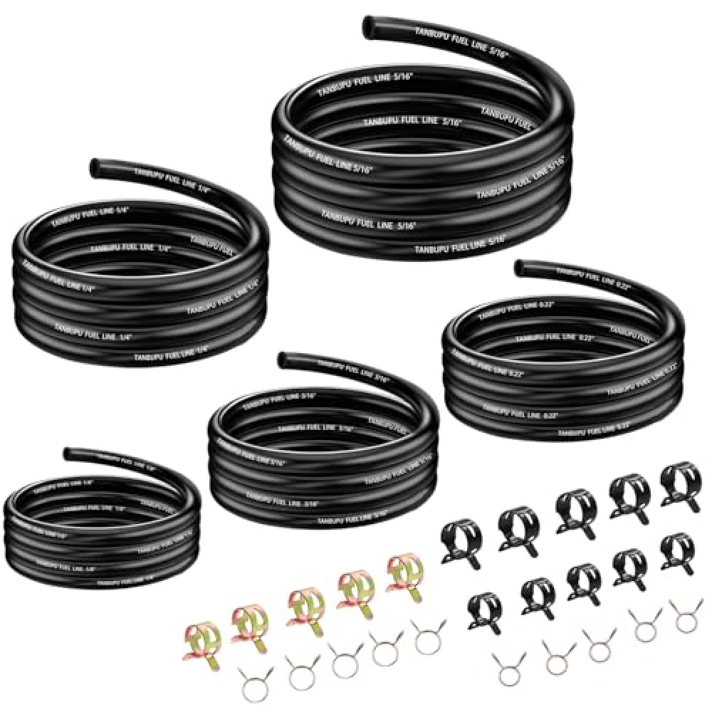 Tanbupu 3.3Ft 5 Sizes-1/8" 3/16" 0.22" 1/4" 5/16" ID Fuel Line with 50Pcs Clamps Gas Tube Hose Compatible with Kawasaki EZGO Snowmobile Tractors Golf Cart ATV Motorcycle Small Engines Lawn Mowers