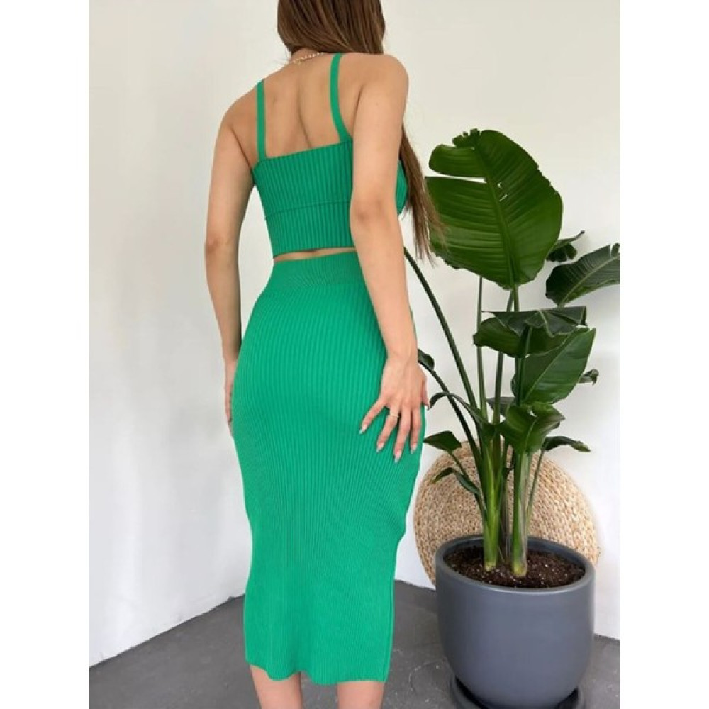 Tane Tasarım Askılı Crop Bluz ve Etekli Ikili Yazlık Triko Su Yeşili Takım Kadın Giyim Fiyatı