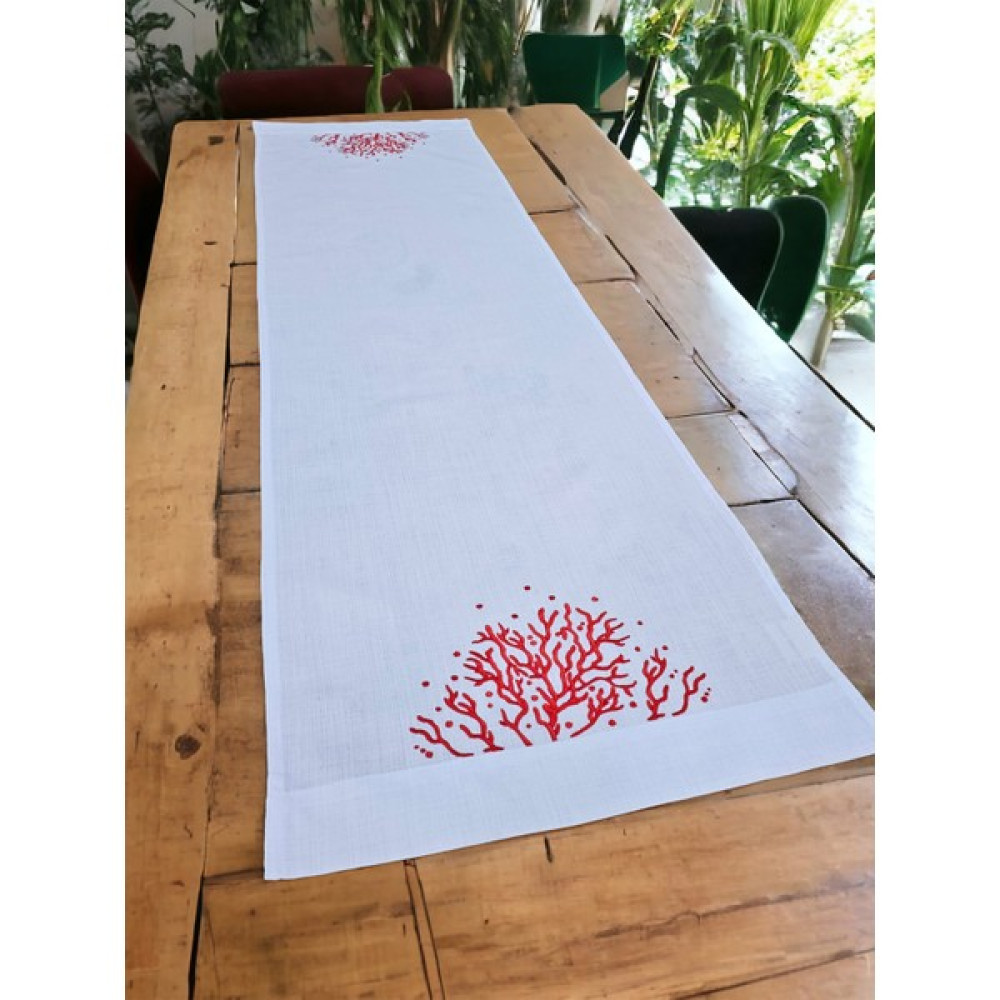 Tanem Home Mercan Nakışlı Ithal Keten Amerikan Servis Runner 40X140 cm Tek Parça - 40 x 140 cm - Beyaz Masa Örtüsü Fiyatı