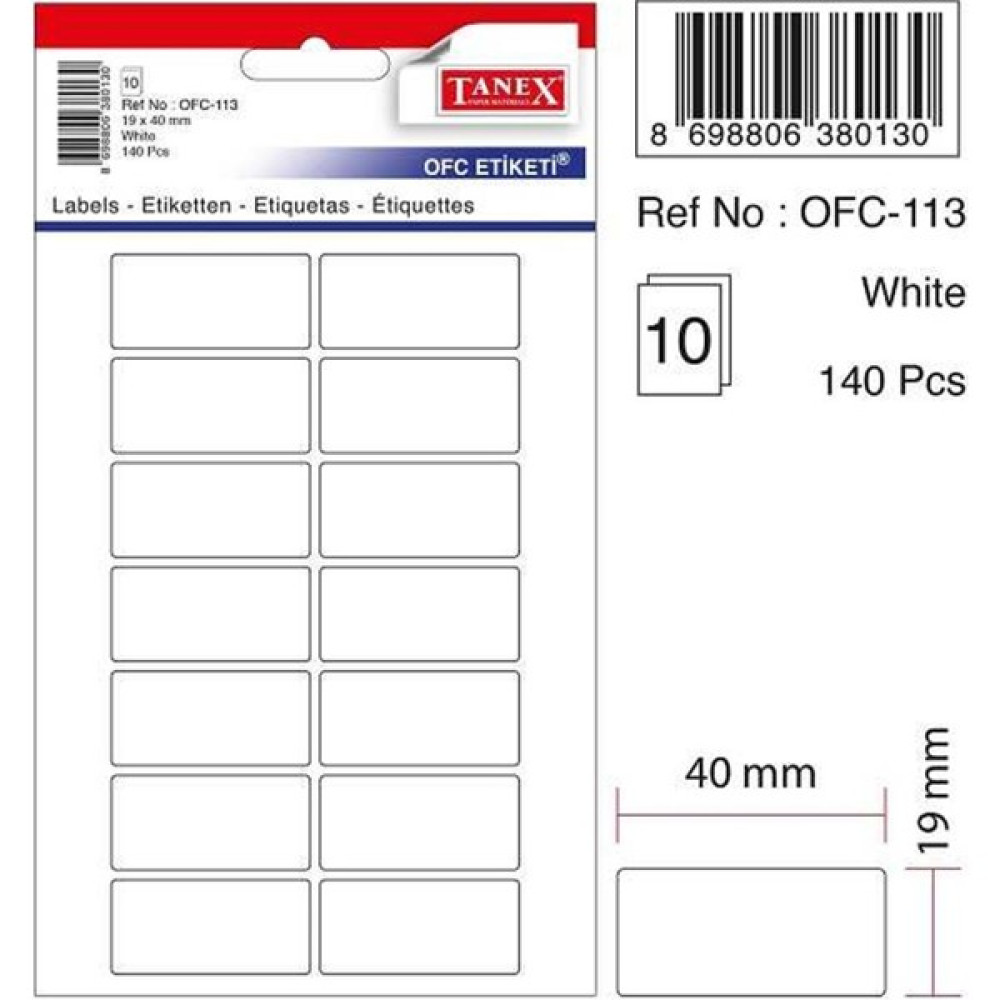 Tanex OFC-113 19x40 Mm Beyaz Ofis Etiketi 10 sayfa Etiket Makinesi Fiyatı