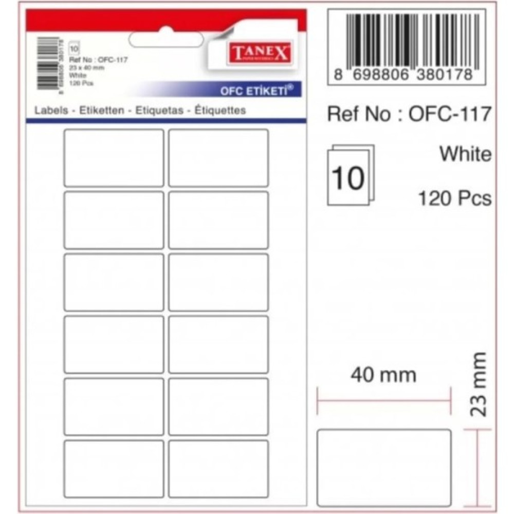 Tanex OFC-117 ( 40 mm * 23 mm ) Beyaz Ofis Etiketi- ( 5 Paket ) - Etiket - Etiket Ölçüsü Oto Boyaları Fiyatı