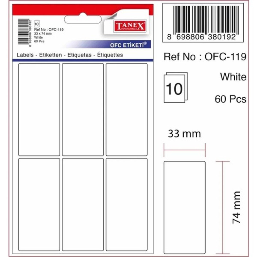 Tanex OFC-119 ( 33 mm * 74 mm ) Beyaz Ofis Etiketi- ( 5 Paket ) - Etiket - Etiket Ölçüsü Oto Boyaları Fiyatı