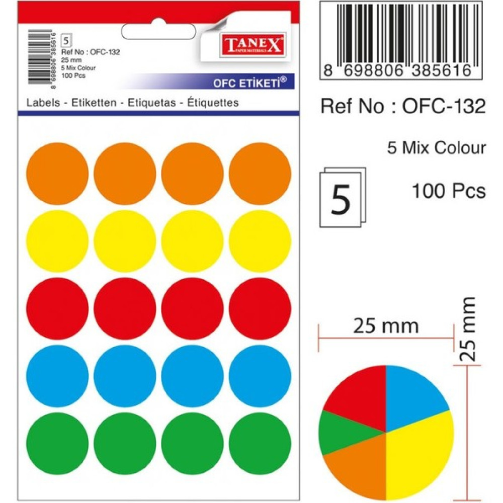 Tanex OFC-132 Etiketi 25mm Yuvarlak Çok Renkli, 100’lı Paket Etiket Makinesi Fiyatı