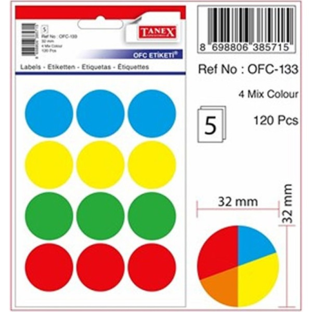 Tanex OFC-133 5 Mix Color Yuvarlak Ofis Etiketi 32MM 5 Syf 60 Adet Etiket Fiyatı