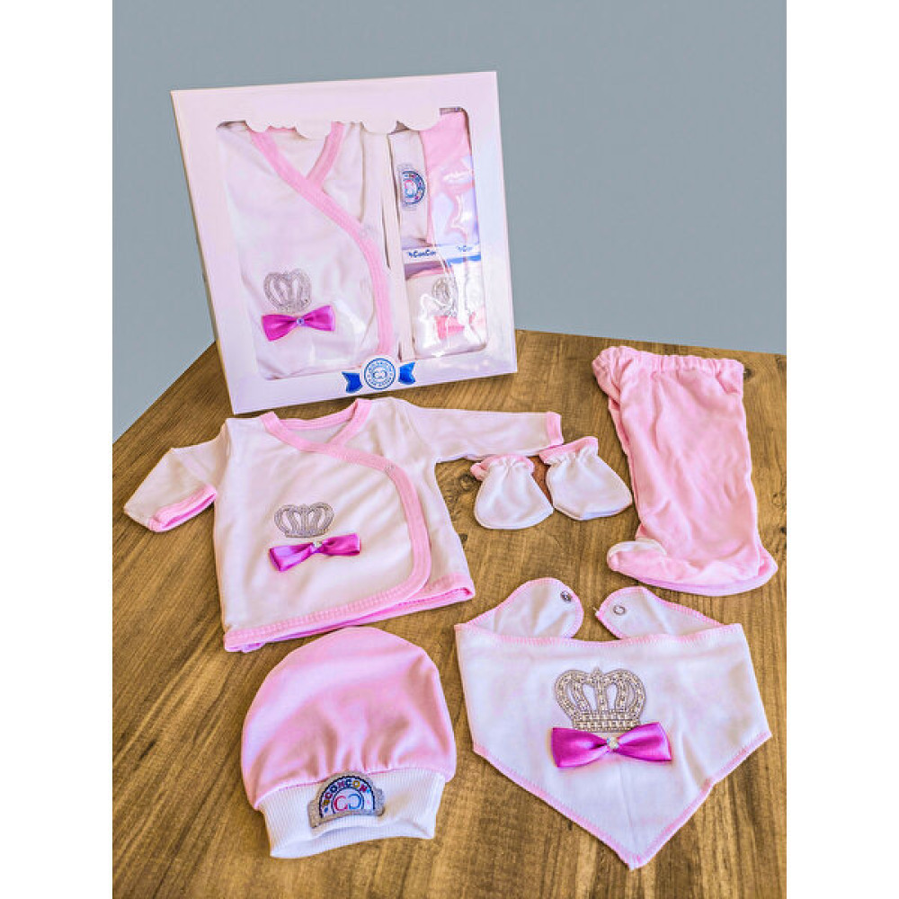 Tangmoda Kız Bebek Yenidoğan Giyim Seti 5 Parça Pembe Taç Desenli Hastane Çıkışı Bebek Hastane Çıkışı Fiyatı
