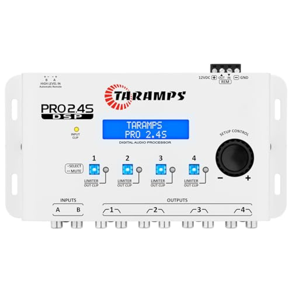 Taramps Pro 2.4S White DSP Crossover Full Digital Signal Car Audio Processor and Equalizer with Sequencer 15-Band Graphic Equalization 12 preset EQ, Remote Signal, Alignment, 2 Channel in and 4 Out