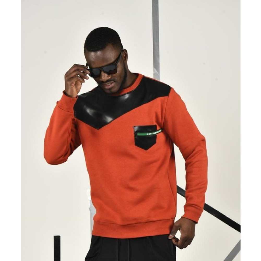 Tarçın Deri Detaylı Bisiklet Yaka Sweatshirt Erkek Sweatshirt Fiyatı