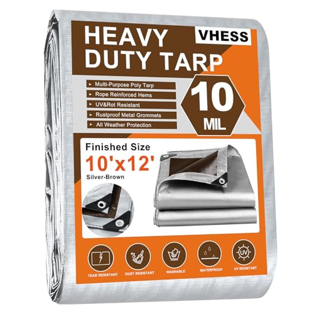 Tarps Heavy Duty Waterproof 10’ X 12’, 10 Mil Multipurpose Poly Tarp Cover, tarp Waterproof UV Resistant Tear&Fade Resistant, Outdoor Tarpaulin for Roof, Camping, Patio, Pool, Boat, Car Car Cover Fiyatı