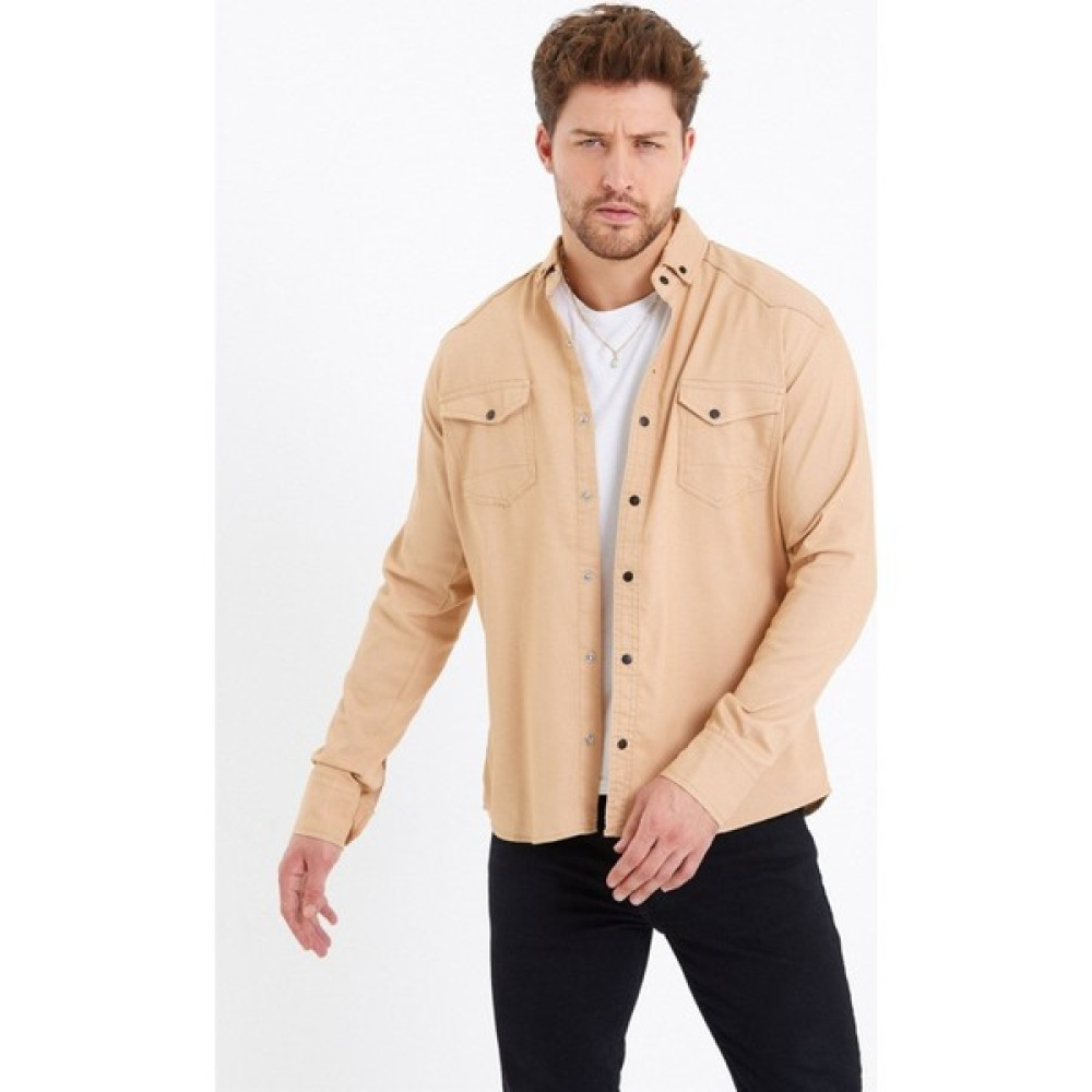 Tarz Cool Erkek Çift Cepli Çıt Çıt Düğmeli Slim Fit Kot Gömlek Erkek Gömlek Fiyatı