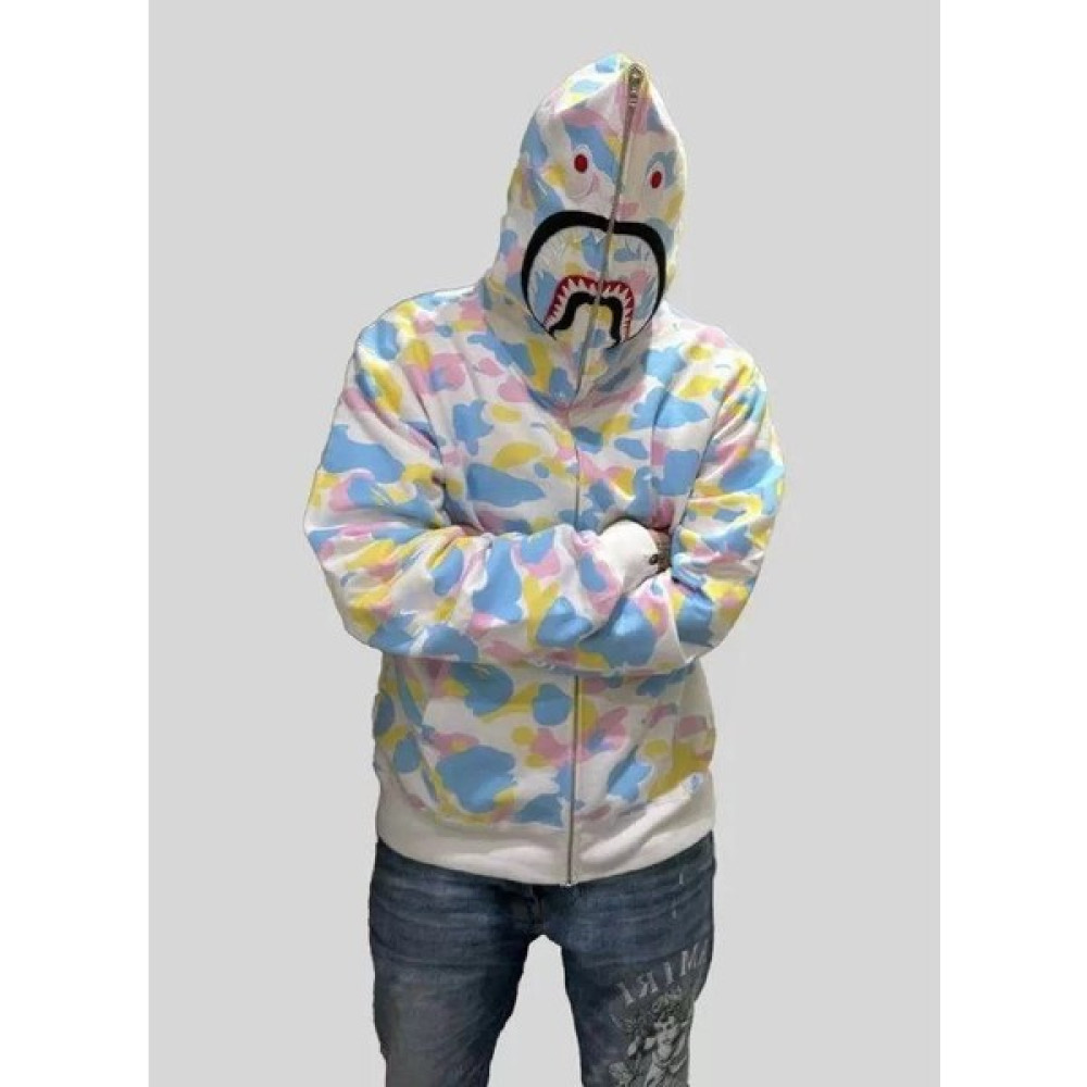 Tarz Yeri Erkek Üç Iplik Kapüşonu Fermuarlı Camo Shark Bape Hırka - Beyaz Erkek Hırkalar Fiyatı