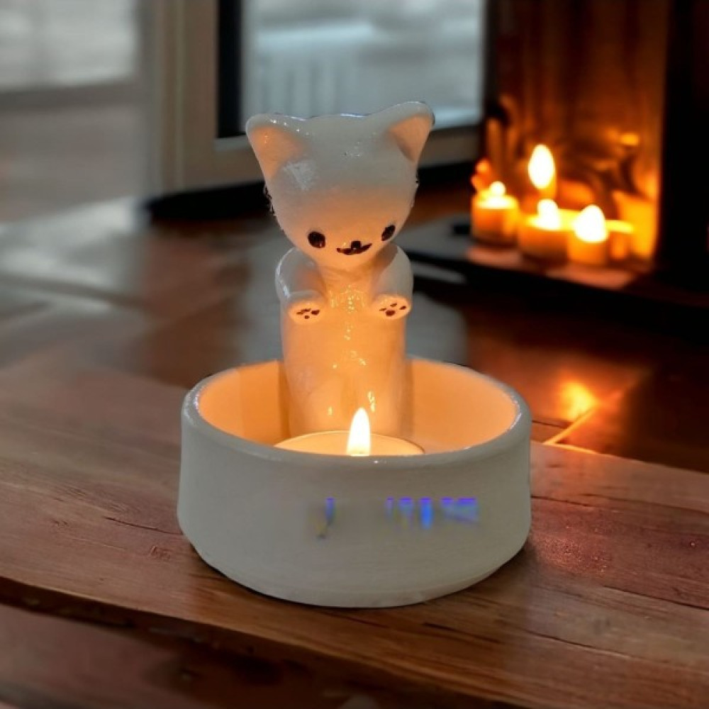 Taş Devri2023 Dekoratif Ateş Başında Isınan Kedi Tealight Mumluk Şamdan Fiyatı