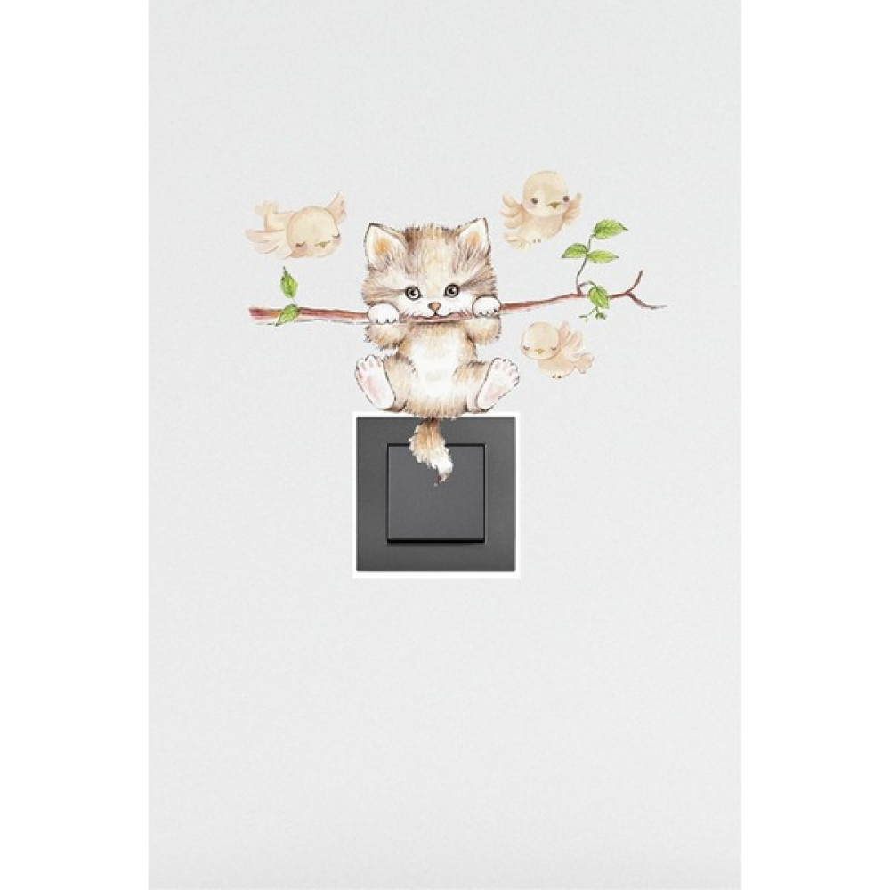 Tasarım Adası Ağaçta Kedi ve Kuş Priz Sticker - 100 cm Duvar Stickerı Fiyatı