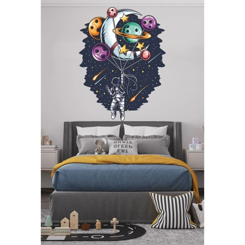 Tasarım Adası Uçan Gezegenler Astronot Çocuk Odası Duvar Sticker - 100 x 75 cm Duvar Stickerı Fiyatı