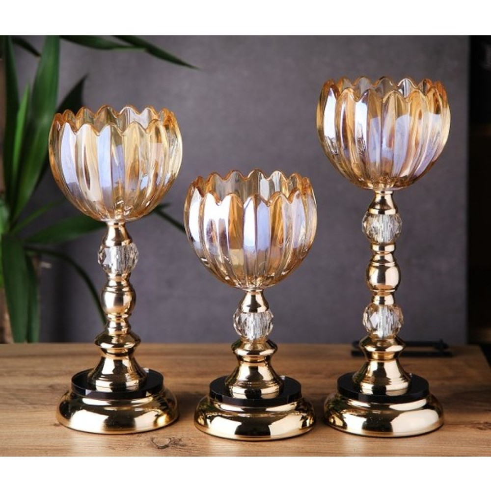 Tasarım Evi Ultra Lüks Kristal Taşlı Metal Ayaklı Gold Şamdan 3'lü Set Cam Şamdan Fiyatı