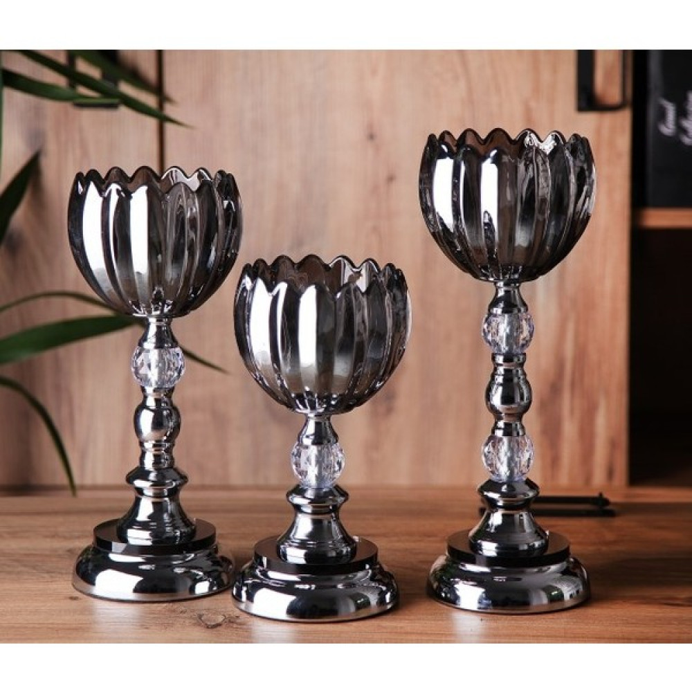 Tasarım Evi Ultra Lüks Kristal Taşlı Metal Ayaklı Gümüş Şamdan 3'lü Set Cam Şamdan Fiyatı