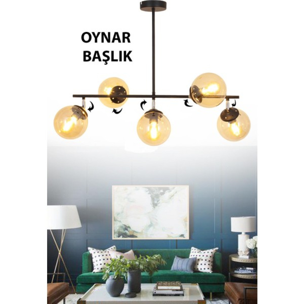 Taşcan Aydınlatma Lona 5 Li Siyah Oynar Başlıklı Avize Bal Glop Cam Modern Mutfak Yemek Masası Üstü Yatak Odası Salon Avize Avize Fiyatı