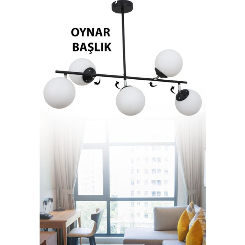 Taşcan Aydınlatma Lona 5 Li Siyah Oynar Başlıklı Avize Beyaz Glop Cam Modern Mutfak Yemek Masası Üstü Yatak Odası Salon Avize Avize Fiyatı