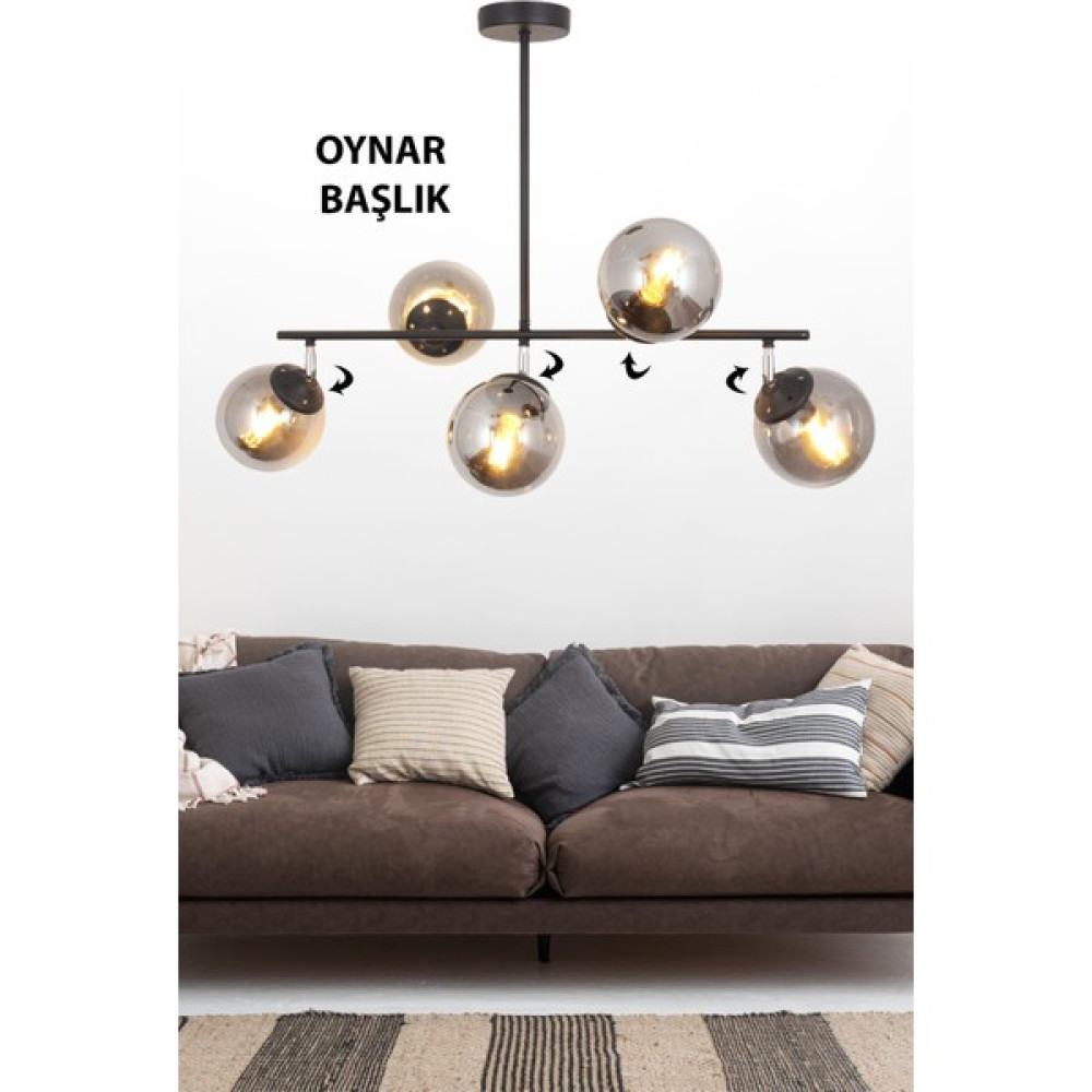 Taşcan Aydınlatma Lona 5 Li Siyah Oynar Başlıklı Avize Füme Glop Cam Modern Mutfak Yemek Masası Üstü Yatak Odası Salon Avize Avize Fiyatı