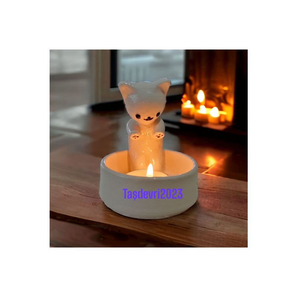 taşdevri life Dekoratif Ateş Başında Isınan Kedi Tealight Mumluk Şamdan Fiyatı