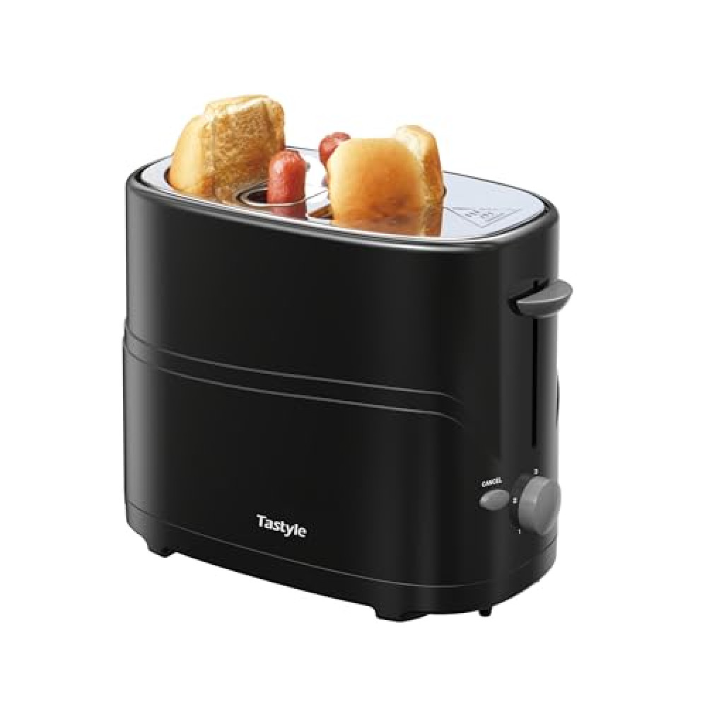 Tastyle 2 Slot Hot Dog and Bun Roaster with Mini Tongs, Retro Toaster, Cooks Chicken, Turkey, Vegetables, and Sausages on the Grill, Black