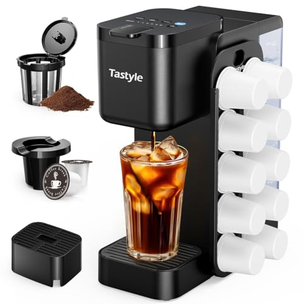 Tastyle Hot & Iced Coffee Maker with Magnetic K-Pod Organizer (Pods Not Included), Stores 10 Pods, 4-5 Cups Coffee Maker & Single-serve Brewer for K Cup & Grounds, 40oz Removable Water Tank, Black