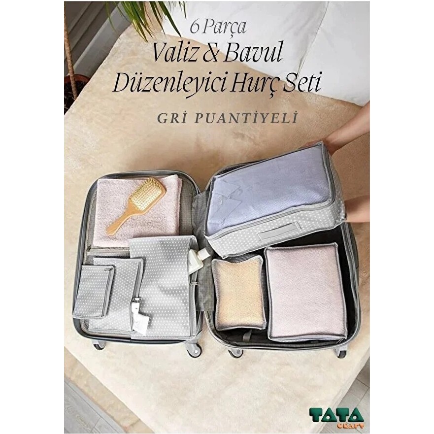 Tata Craft 6'lı Valiz Düzenleyici Bavul Içi Organizer Set Seyahat Hurcu Puantiyeli Tela Kumaş - Gri Bavul / Valiz Fiyatı