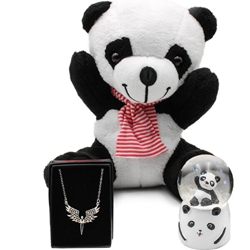 Tatlı Peluş Panda & Işıklı Mini Panda Kar Küresi & Mikail Melek Kolye Hediye Seti - Beyaz Peluş Oyuncaklar Fiyatı
